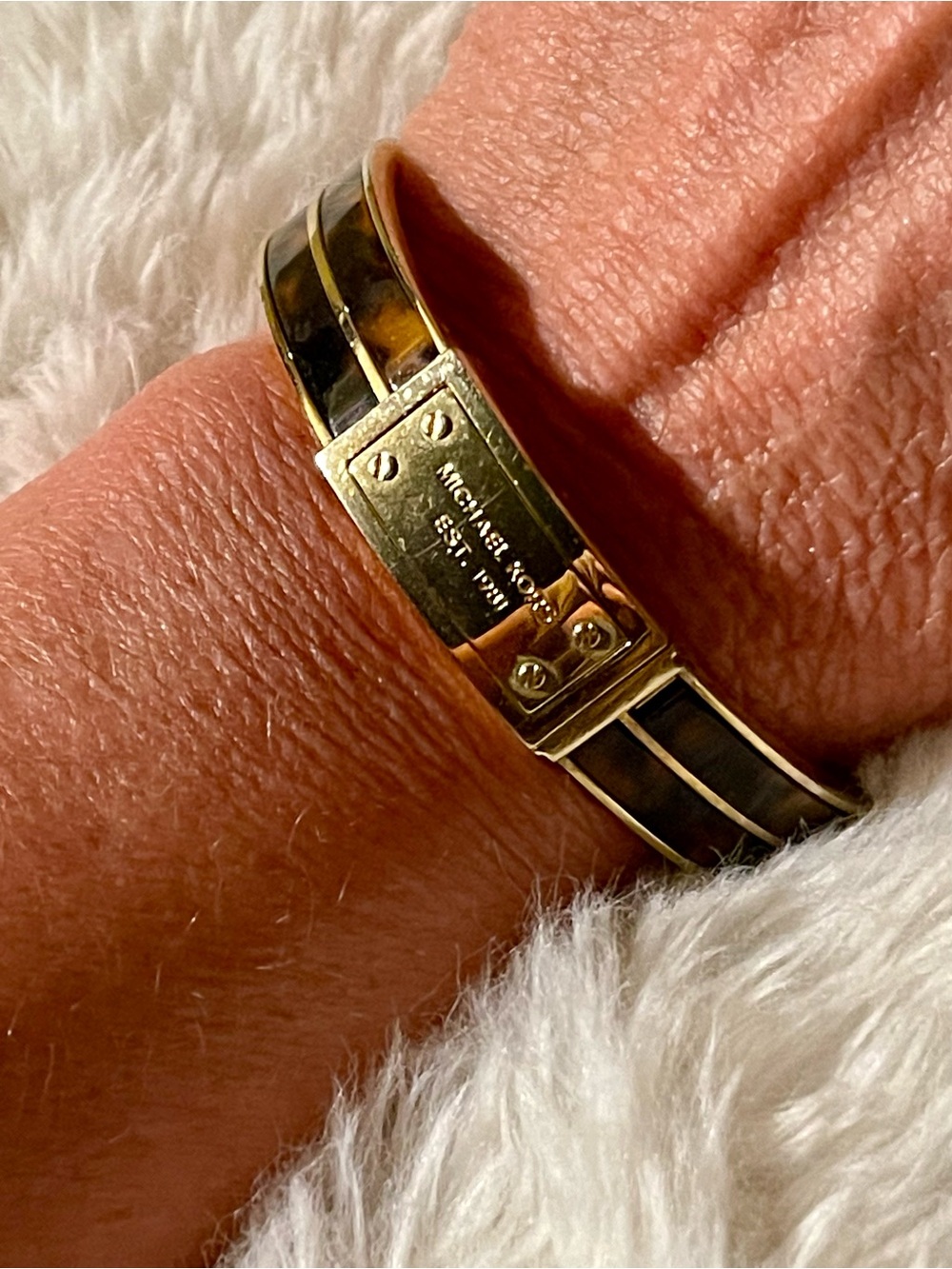 Michael Kors Gold and Black Enamel Bracelet with Screw-Detail Plate